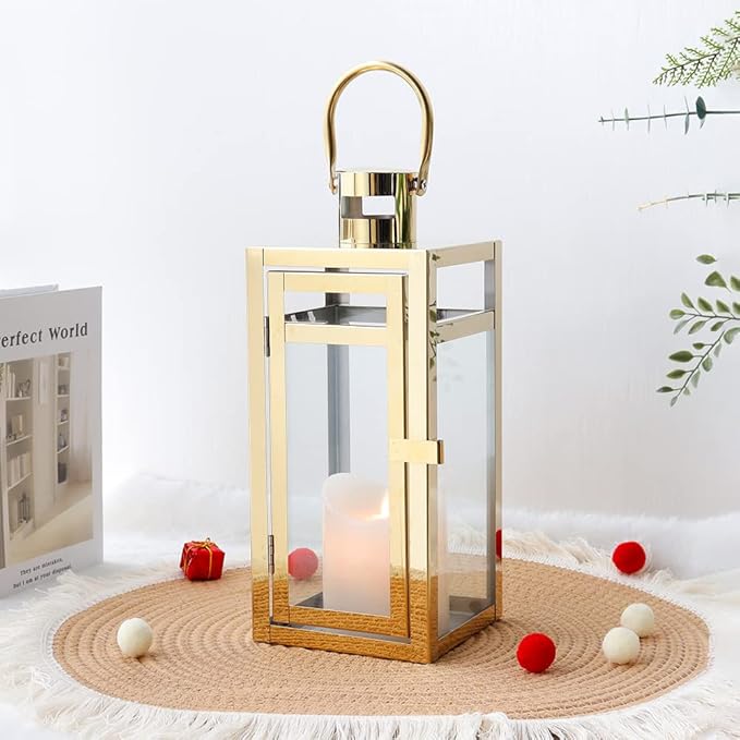 TRIROCKS Stainless Steel Decorative Lantern 12'' High Metal Candle Holder Outdoor Candle Lantern with Tempered Panels for Christmas Home Decor Living Room Parties Events Tabletop Indoor Outdoor (Gold)-Ruum Studio Home