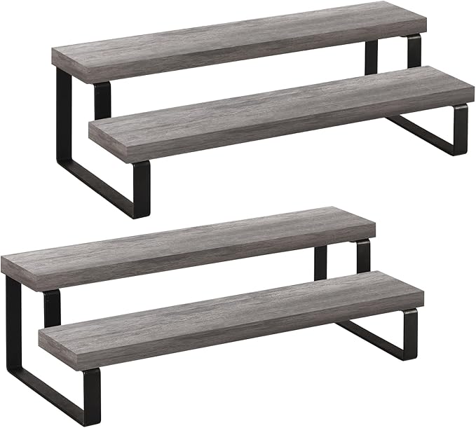 YINMIT Wooden Display Riser Stand, Tiered Perfume and Cologne Organizer Stand, 2 Tier Spice Rack Organizer, Rustic Display Shelf for Candles (2 Tier,2Pack,Grey)-Ruum Studio Home