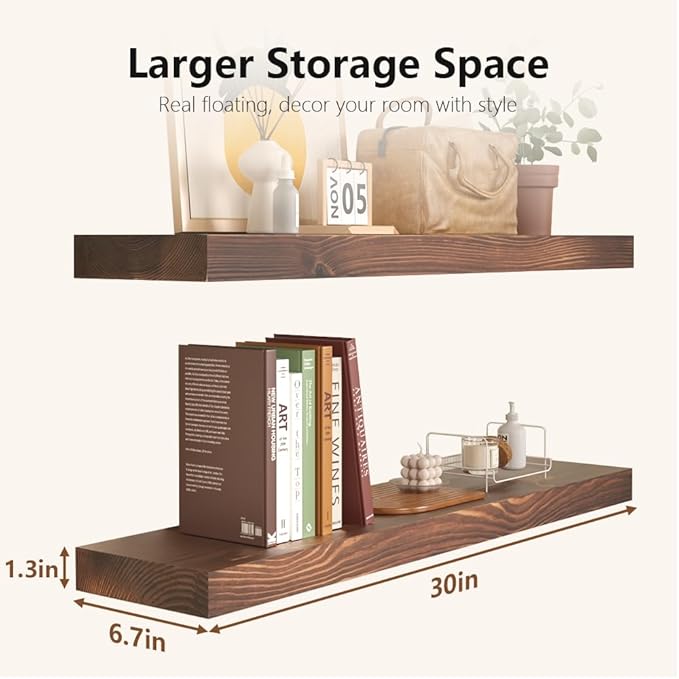 Habudda Floating Shelves Set of 2, Natural Pine Wood Shelf for Bathroom Bedroom Kitchen, 30 inch Long, Rustic Decor, Walnut-Ruum Studio Home