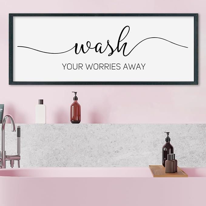 SRSZHIYUE Wash Your Worries Away Bathroom Sign Wall Art 32"×12" Funny Restroom Toilet Large Wood Framed Hanging Decor (Black)-Ruum Studio Home