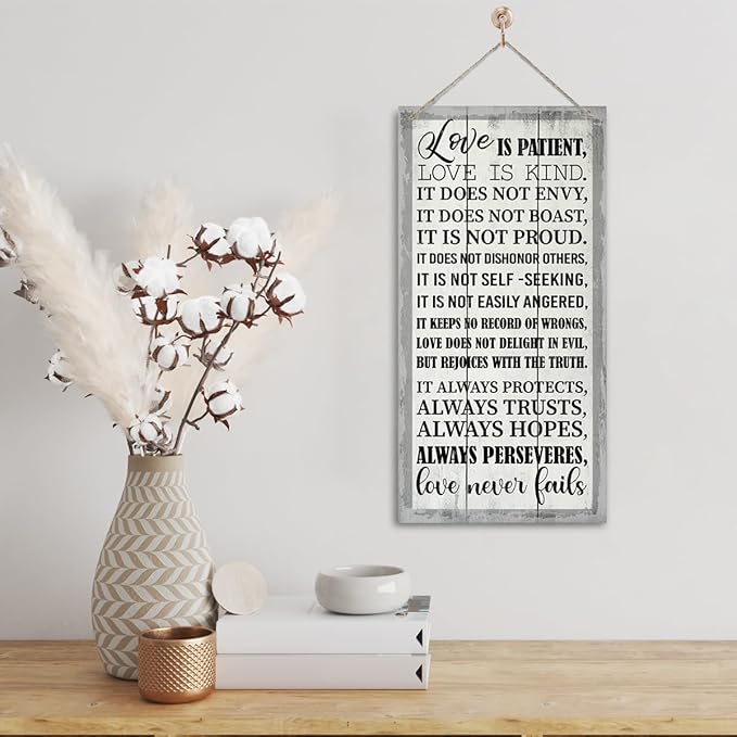 1 Corinthians 13:4-8 Inspirational Hanging Wood Decor Sign, Printed Wood Sign, Love is Patient, Love is Kind Quote, Hanging Bible Verses Woods Wall Signs, Rustic Home Decor Signs, Christian Gift J1-Ruum Studio Home