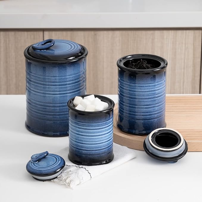 Nihow Food Storage Jar Sets: Ceramic Container with Air Tight Lid for Flour/Sugar/Rice/Coffee/Cookies/Candy - Seal Damp-proof Canister for The Kitchen - Set of 3 （Blue & Black）-Ruum Studio Home