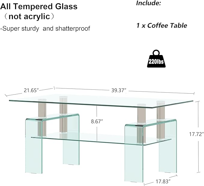Glass Coffee Table for Living Room, Modern Rectangle All Tempered Glass Table 8mm Clear Transparent Top Home Furniture for Small Space Bearing 220LB-Ruum Studio Home