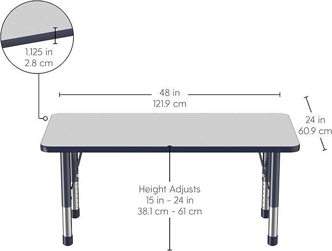 FDP Rectangle Activity School and Kids Classroom Table (24 x 48 inch), Toddler Legs, Adjustable Height 15-24 inches - Gray Top and Navy Edge-Ruum Studio Home