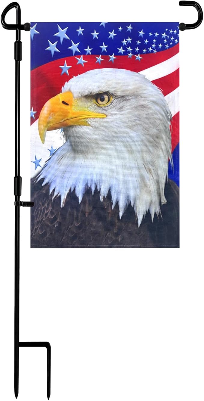 TOPFLAGS Garden Flag Stand with American Garden Flags Patriotic Stars and Eagle Yard Flag 12x18 Inch Holder Pole Stake Double Side for Outside with Clips and Stopper-Ruum Studio Home