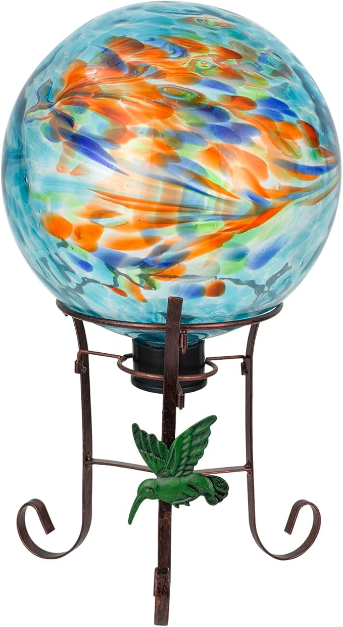 10 Inch Glass Gazing Ball, with 9.4" Tall Metal Gazing Globe Stand, Glass Balls Display Holder Set for Outdoor Garden Lawn Yard Decoration, Blue Artistic-Ruum Studio Home