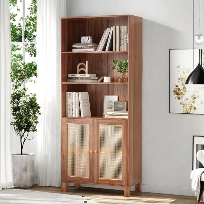 Tall Bookshelf, 5-Tier Book Shelf with 2 Rattan Doors, Freestanding Bookcase Display Shelves with Large Storage, Book Case for Living Room, Office, Study, Bedroom, 70.9 Inch-Ruum Studio Home