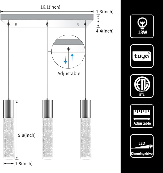 OKELI Smart 3-Light LED Pendant Lighting for Kitchen Island, 18W 1350LM Adjustable 3000K-6000K, Dimmable via TUYA App & Voice Control (Alexa/Google Home), Modern Crystal Bubble Pendant,Chrome Square-Ruum Studio Home