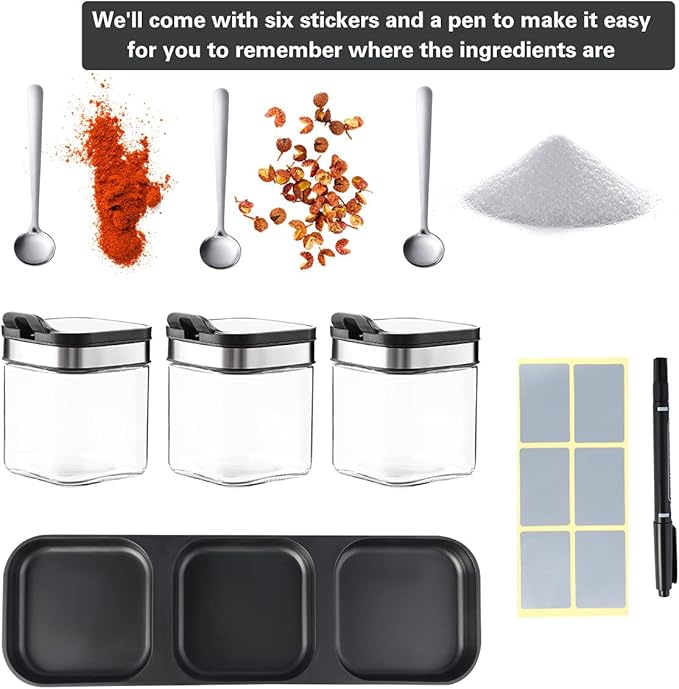 XIUDI Condiment Seal Jar Spice Container with Lids and Spoons，Clear Glass Condiment Canisters Pots Seasoning Box Salt Container Sugar Bowl Set of .Used in Kitchen, Coffee Table,Set of 3-Ruum Studio Home