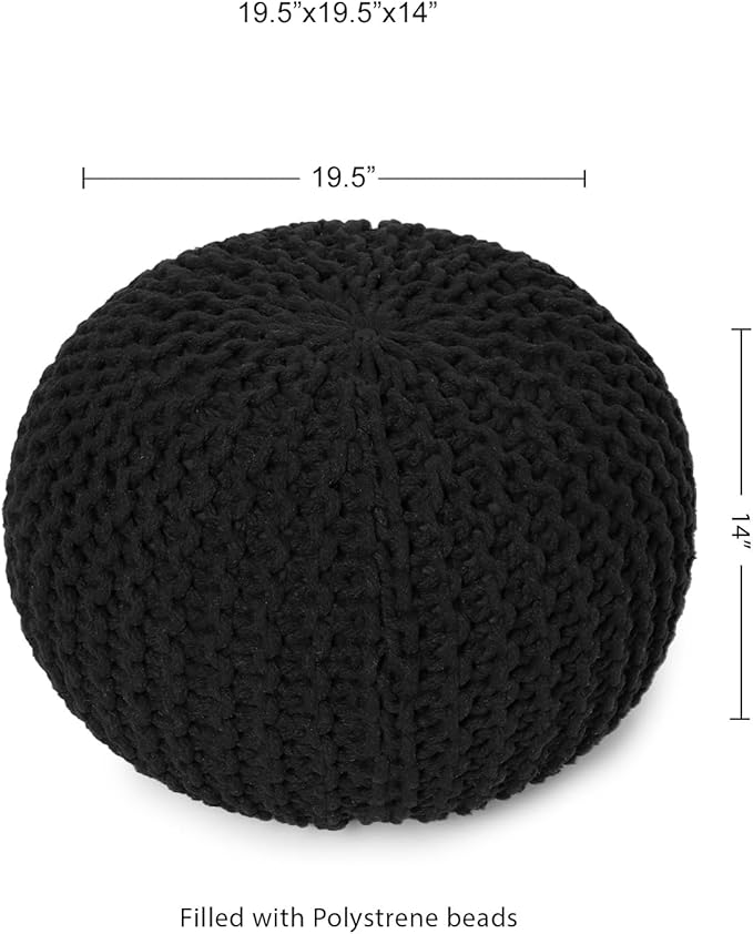 REDEARTH Round Pouf Foot Stool Ottoman - Hand Knitted Bean Bag - Cord Boho Pouffe - Cable Poof Footrest for Living Room - Nursery - Bedroom - Patio - 100% Cotton - Home Decor (19.5"x19.5"x14") - Black-Ruum Studio Home