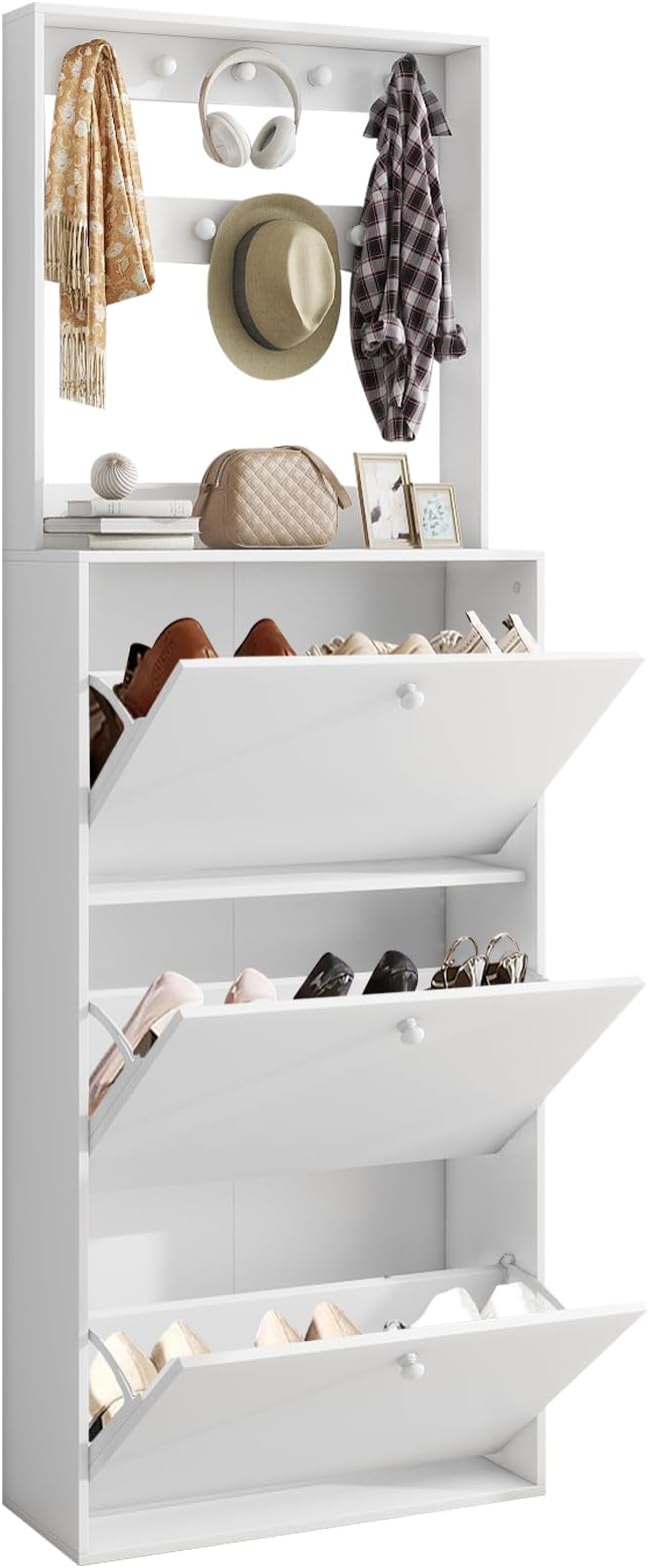 Shoe Storage Cabinet with 3 Flip Drawers, Narrow Shoe Cabinet with 9 Hooks Coat Rack, Freestanding Slim Shoe Storage Organizer for Entryway, Hallway, Entrance, Bedroom, Living Room, White-Ruum Studio Home