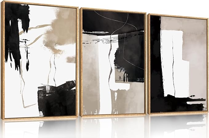 Black White Brown Framed Canvas Wall Art Set, Neutral Geometric Wall Decor, Modern Abstract Wall Painting, Minimalist Artworks for Living Room, Bedroom, Dining Room, Office - 16"x24"x3-Ruum Studio Home