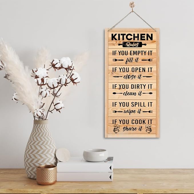 Hanging Kitchen Rules Wooden Sign, Rustic Kitchen Decor, Printed Wall Art, Funny Farmhouse Wall Decor-Ruum Studio Home