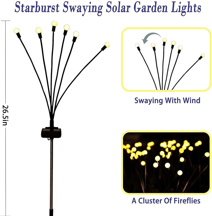 Solar Garden Lights Outdoor, 4 Pack Firefly Swaying Lights, Waterproof Garden Decor for Yard Patio Pathway Lawn, Gardening Gifts for Women Christmas Decoration-Ruum Studio Home