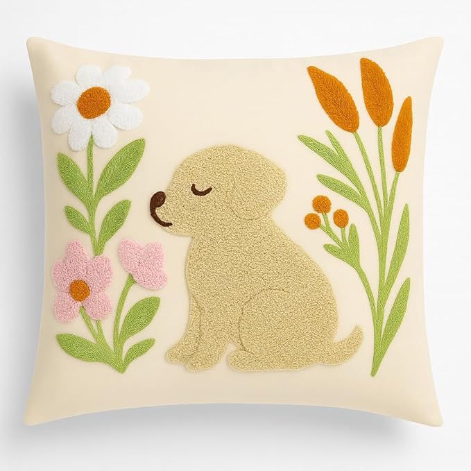katre home madame & textile Embroidered Dog Pillow Cover – 18x18 inch Handmade Punch Needle Cushion – Boho Cotton Throw Pillow for Couch, Bed, or Gift for Dog Lovers-Ruum Studio Home