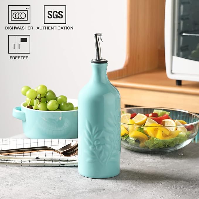 Sweejar Ceramic Olive Oil Dispenser Bottle, 20 Oz Relief Design EVOO Oil and Vinegar Dispensing Bottle with Spout for Kitchen, Set of 1 (Turquoise)-Ruum Studio Home