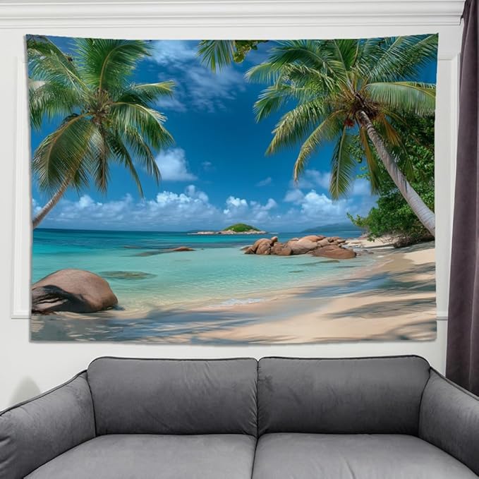 keowhsf Beach Summer Ocean Tapestry – Tropical Palm Trees Wall Hanging Decor with Blue Sky and Seaside Scenery, Nature Landscape Tapestry for Bedroom Living Room Dorm-Ruum Studio Home
