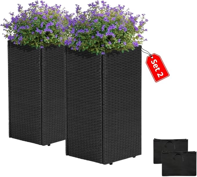 IDZO All-Weather Wicker Planters, Set of 2, 24 in Tall Wicker Planters, Self-Watering with Drainage, Durable PP Material, Raised Garden Bed Alternative, Indoor Outdoor Use, Modern Rattan Design-Ruum Studio Home