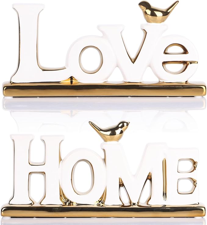 White and Gold Decor Statue - Home and Love Sign Decoration - Gold Bird with Home Sculpture - Figurine Decorative Ornaments for Living Room, Bedroom, Desktop, Cabinets-Ruum Studio Home