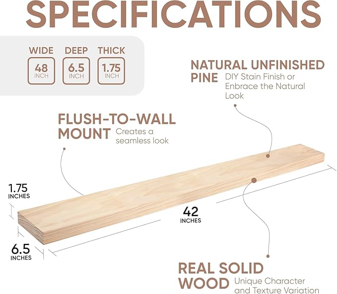 Homeforia 42 inch Wood Floating Shelf, High End Solid Natural Wood 42inch Large Floating Shelves for Wall Mounted, Unfinished Wooden Floating Shelves, Heavy Duty Bracket, 42 X 6.5 X 1.75 in, Set of 2-Ruum Studio Home