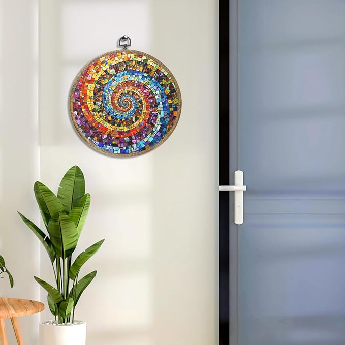 Colorful Glass Style Colorful Geometric Decoration Gift for Art Lovers Framed Round Wall Decor Canvas Wall Art Hanging Prints Artwork for Home Nursery Bedroom Living Room Decorations 10.2X10.2 Inch-Ruum Studio Home