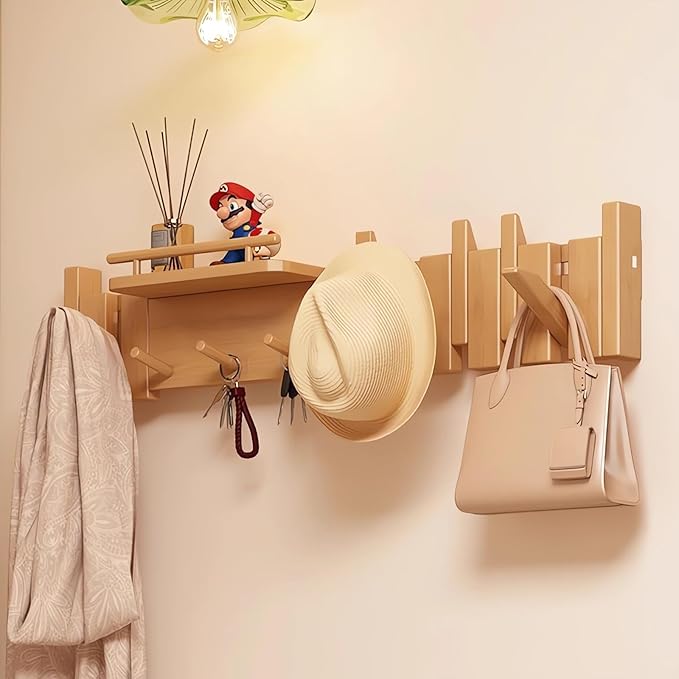 Wall Mounted Piano Key Hanger | Flip Style Hook | Entrance Wall Art Hook, Made of Oak Wood (3 Times Painted, 4 Times Polished) (Fence Beech, 10Hooks)-Ruum Studio Home