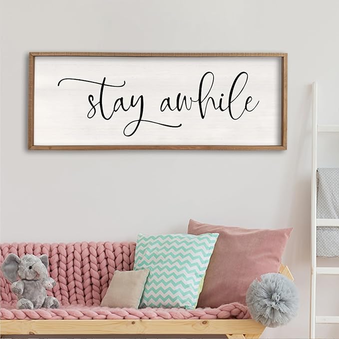 Stay Awhile Sign Wall Decor Sign 40"X15" Large Living Room Entryway Wood Framed Rustic Wall Decor for Vintage Farmhouse Foyer Hanging Lets Stay Home Wall Art (Wood)-Ruum Studio Home