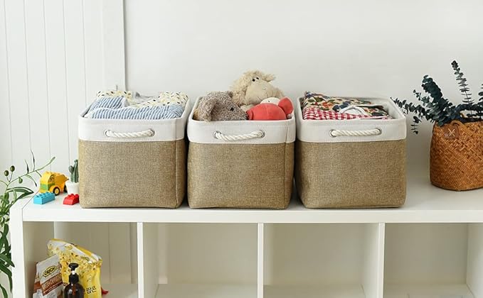 TheWarmHome Organization and Storage Basket for Gifts Empty - 16x12x12 inch Cube Storage bin 3 Pack Fabric Storage Cubes, Collapsible Baskets for Organizer Closet Cloth Gift Toy (White & Khaki)-Ruum Studio Home