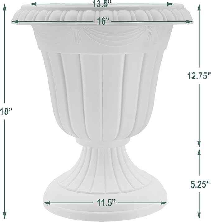 PL00CW Classic Traditional Plastic Urn Planter Indoor/Outdoor, 16" x 18", White Wash-Ruum Studio Home