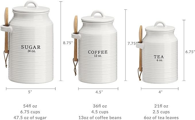 Barnyard Designs Canister Set for Kitchen Counter, Coffee Tea Sugar Container Ceramic Set, Decorative Canisters, Rustic Farmhouse Canister Jars, White (Coffee/Sugar/Tea)-Ruum Studio Home