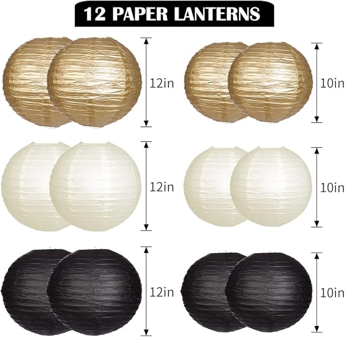 Paper Lanterns Decorative, Black Gold Hanging Round Chinese Lanterns with Lights for Graduation Anniversary Birthday Party 12 LED Light Pack of 12-Ruum Studio Home