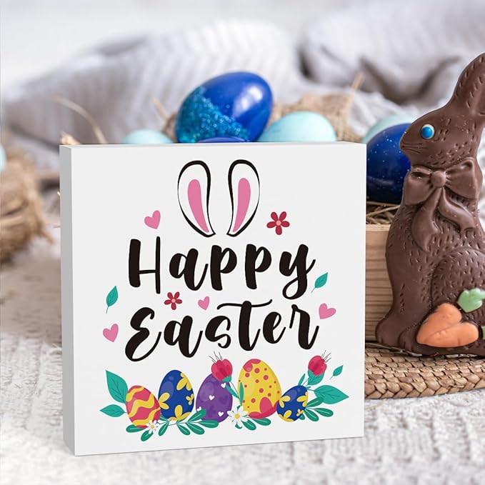 Rustic Farmhouse Bunny Easter Decorations Country Home Office Desk Decor Happy Easter Sign Cubicle Shelf Tabletop Tiered Tray Decor Gifts for Women 5 X 5 Inch-Ruum Studio Home