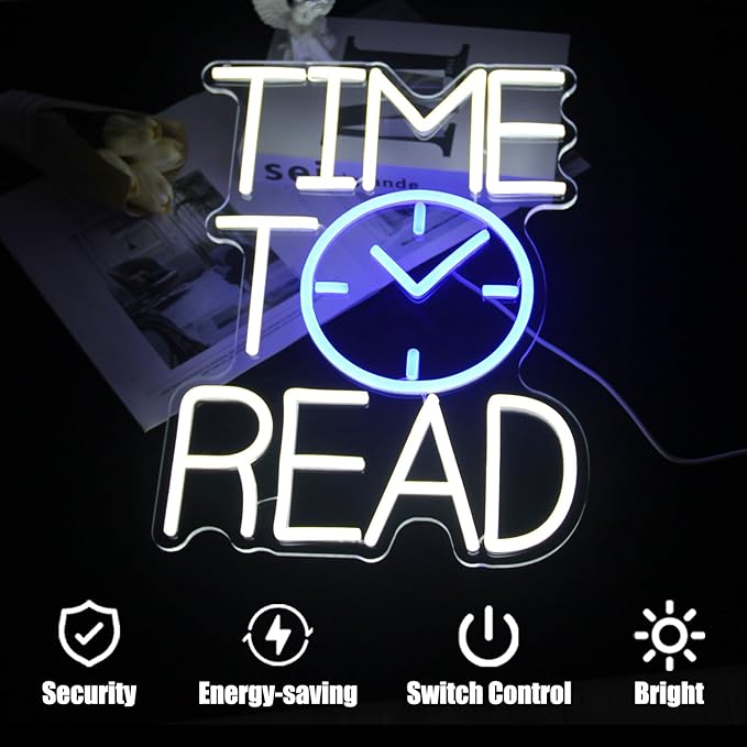Time To Read Neon Sign Read Books Neon Light White Letter LED Signs Blue Clock Neon Read Light Up Sign for Bedroom Classroom Library Reading Corner Bookstore Decor-Ruum Studio Home