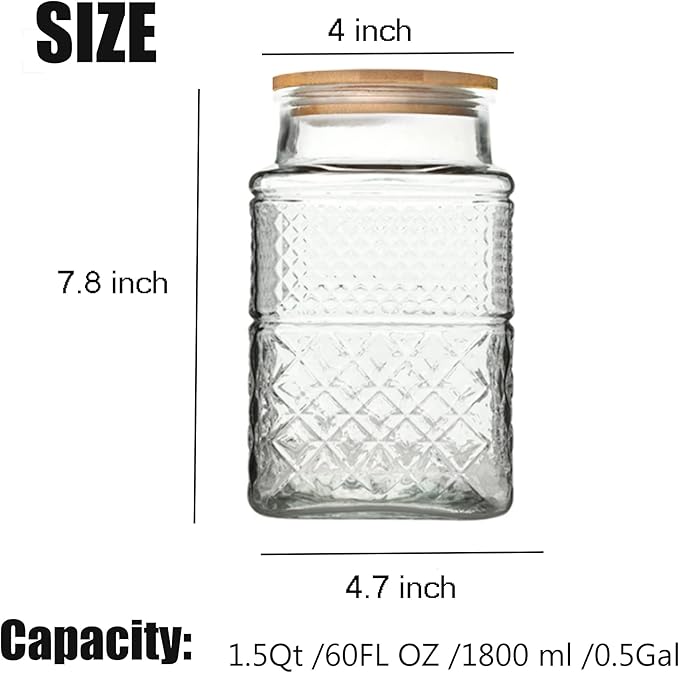 Large Glass Storage Jar, 60 FL OZ Glass Food Storage Containers with Bamboo Lid, Kitchen Containers Cereal Canisters Decorative Jar for Candy Snack Cookies Coffee Tea Nuts Airtight Glass Jars (Square)-Ruum Studio Home
