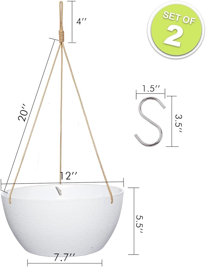 12 Inch 2 Pack Large Hanging Planters for Indoor Outdoor Plants, Plastic Hanging Basket Pots for House Plants Flowers, White-Ruum Studio Home