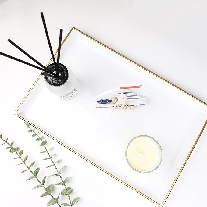 Spsyrine White Decorative Serving Tray with Handles, Elegant Plastic Coffee Table Tray for Ottoman, Living Room, Home Decor 15.6" X 10.2"-Ruum Studio Home