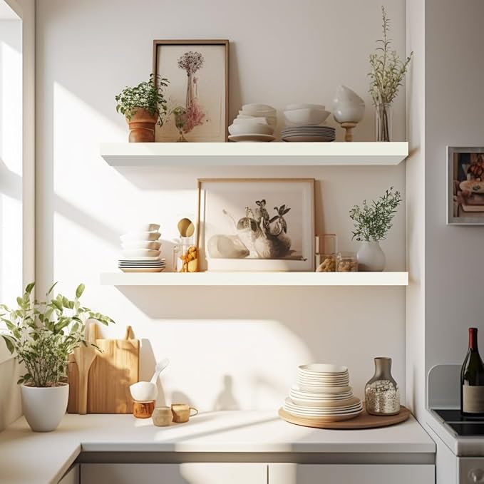 LaVie Home Floating Shelves, 24 Inch Wall Shelf Set of 2, Hanging Shelf with Invisible Brackets, Wall Decor for Bathroom, Bedroom, Living Room, Kitchen Storage, Modern White-Ruum Studio Home