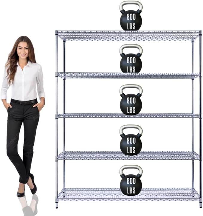 60"x18"x72" PRIME HEAVY DUTY Chrome 5-Tier Wire Shelving 4000 LBS MAX Capacity Storage Rack for Commercial, School, Home, Garage, Warehouse, Industrial, and Hospital Uses (with Wheels)-Ruum Studio Home