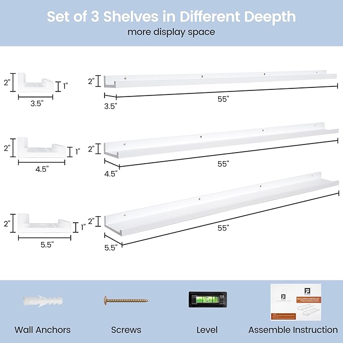 Picture Ledge Shelf for Wall, 56 inches Solid Pine Wood Nursery Book Shelves 3 Packs, Floating Ledge Shelves for Kids' Room Bedroom Bathroom Long Floating Shelves for Wall Nursey Wall Decor, White-Ruum Studio Home