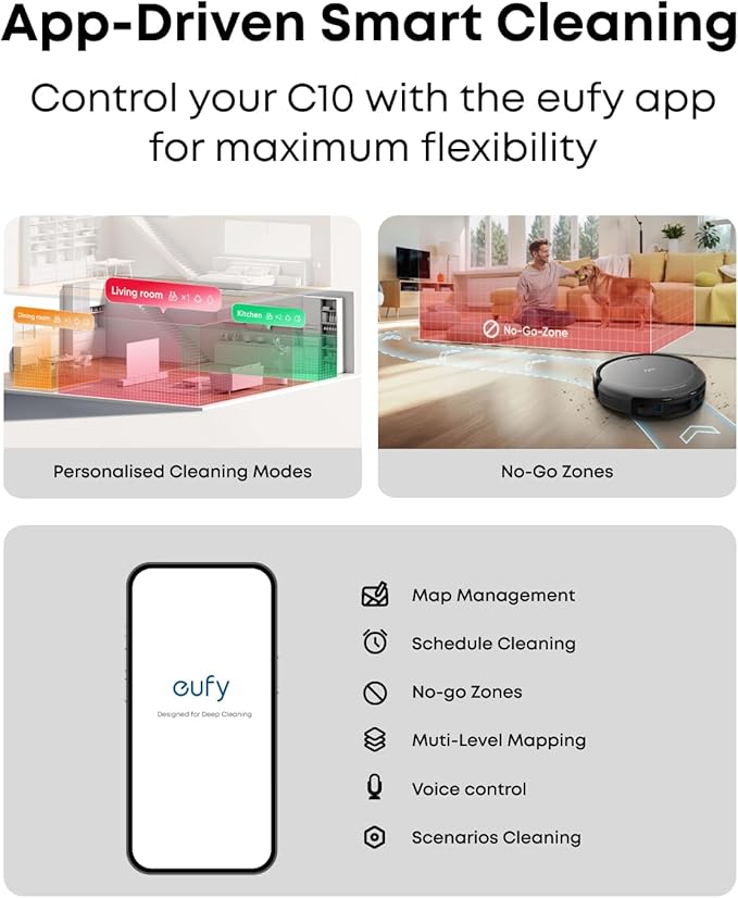 eufy C10 Robot Vacuum Self Emptying, 8 Weeks Hands Free, Advanced Smart Mapping with LiDAR Navigation, 2.85-Inch Slim Design, Powerful Suction, Edge Expansion Brush for Pet Hair-Ruum Studio Home