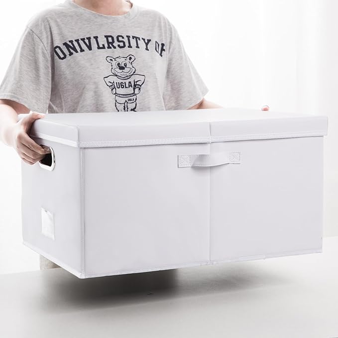 PRANDOM Collapsible Storage Box with Lid [3-Pack] Leather Fabric Foldable Storage Bin Organizer Container Basket Cube with Cover for Home Bedroom Closet Office Nursery White(22.8X15.7X11.8)-Ruum Studio Home
