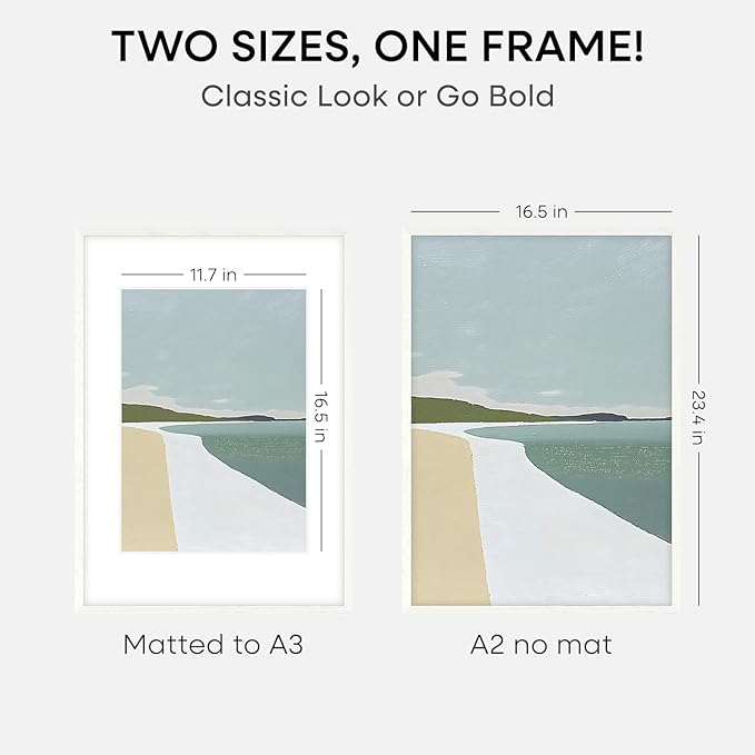 Homeforia A2 White Wood Frame, High End Oak 16.5 x 23.4 White Wooden Poster Frames Matted to 11.7 by 16.5 in Photo, A2 Size Wood Picture Frame with Mat A3 for Print, Tempered Glass, Wall Kit, Set of 1-Ruum Studio Home