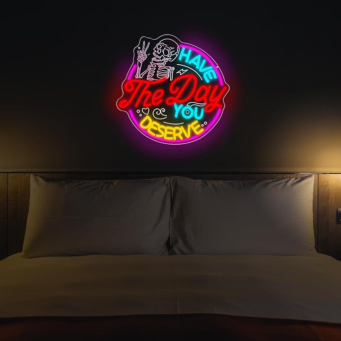 Have The Day You Deserve Neon Sign,Funny Skull Neon Signs For Wall Decor,USB Dimmable LED Neon Light signs for Bedroom,Party, Bar, club,Living Room Halloween Decoration Gifts-Ruum Studio Home