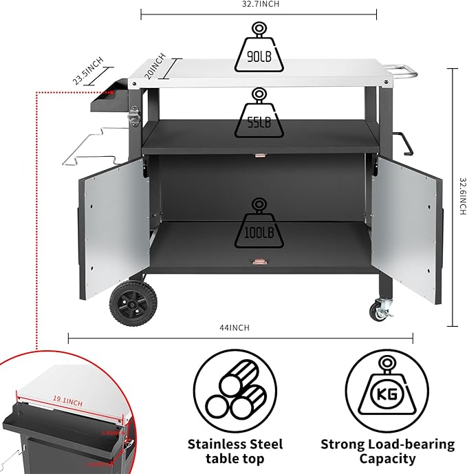 Dining Cart Table with Big Storage Cabinet, Movable Outdoor BBQ Grill Table Pizza Oven Stand, Kitchen Cart Island Multifunctional Food Prep for Inside and Outside-Ruum Studio Home
