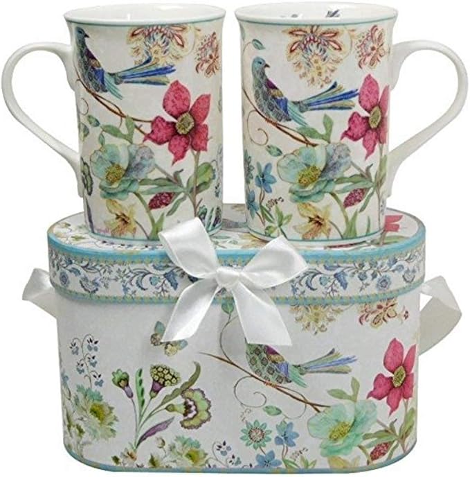 Lightahead Elegant Bone China Two Coffee Mugs set in Blue bird design 11.2 oz each cup in attractive gift box-Ruum Studio Home