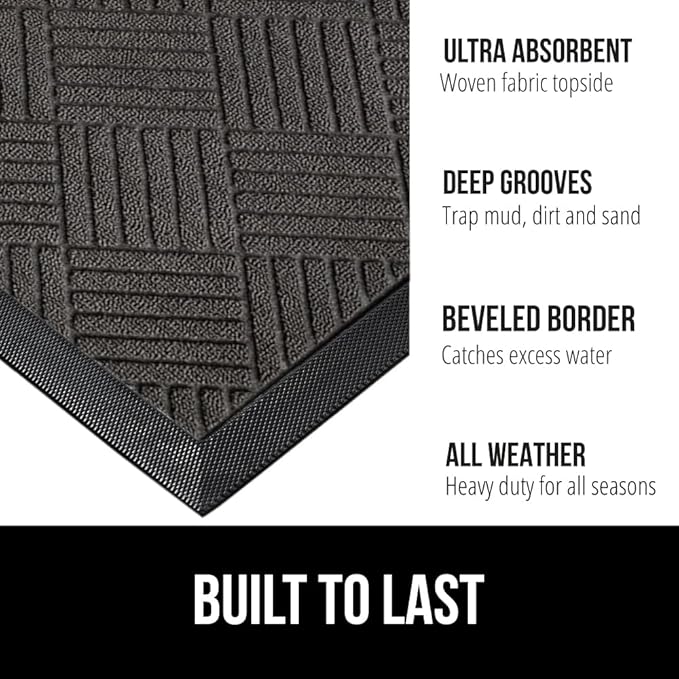 GORILLA GRIP 100% Waterproof All-Season WeatherMax Doormat, 47x35, US Designed Natural Rubber, Stain and Fade Resistant, Low Profile Indoor Outdoor Door Mats, Easy Clean Patio Mat, Gray Diamond-Ruum Studio Home