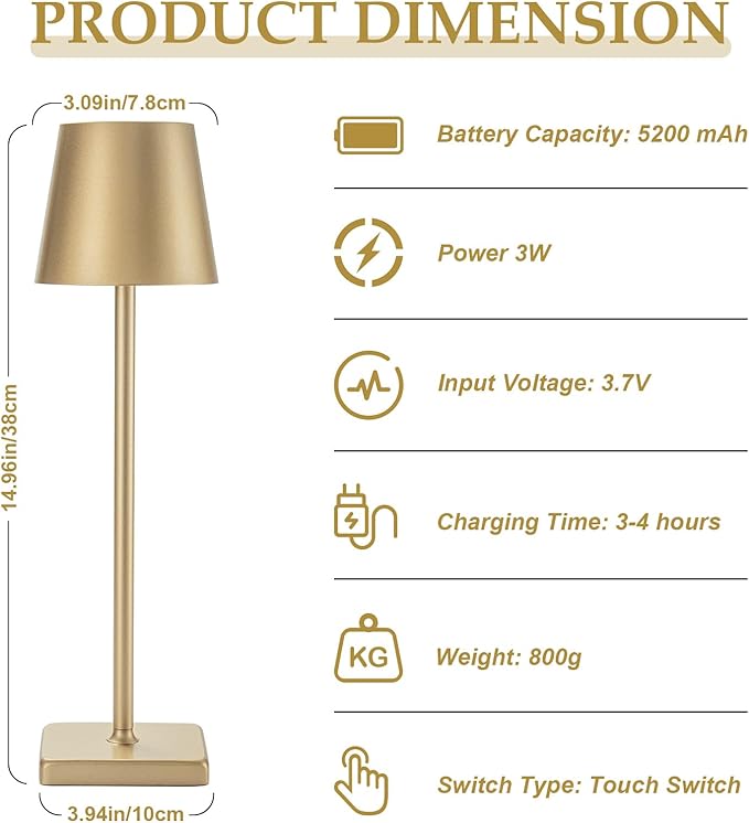 HASUN Gold Cordless Table Lamp, Aluminum Shell LED Rechargeable Desk Lamp, 3W 5200mAh Battery Operated Table Light, 3 Color Stepless Dimming Up Waterproof for Living Room/Indoor/Outdoor (Gold)-Ruum Studio Home