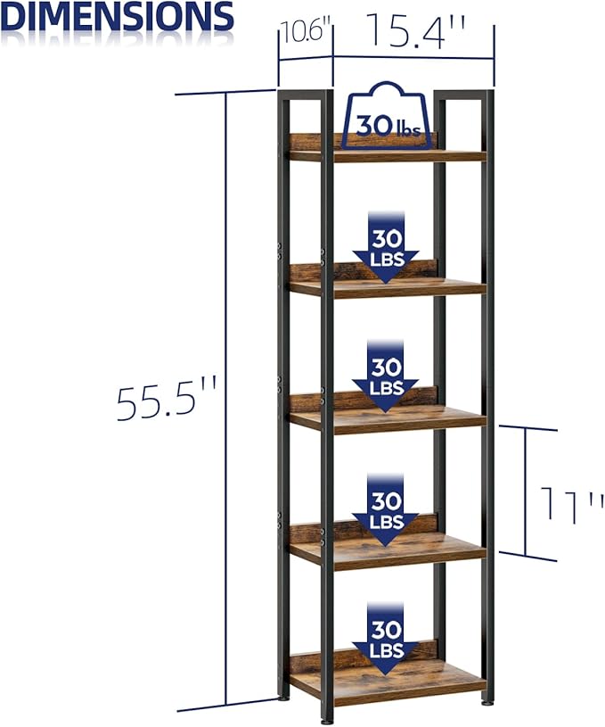 NUMENN Narrow Bookshelf, 5 Tier Bookshelves, Home Office Bookcase Shelf Storage Organizer, Free Standing Storage Shelving Unit for Bedroom, Living Room and Home Office, Vintage-Ruum Studio Home
