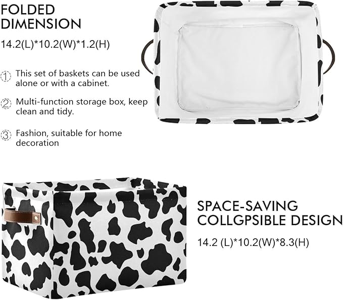 Black White Cow Skin Print Storage Basket Cube Storage Bins Organizer Bag Collapsible Closet Shelf Baskets with handle for Baby Cloth Pet Toy Book 14.2×10.2×8.3 IN-Ruum Studio Home