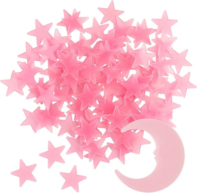 100 Stars and 1 Moon Glow in The Dark Luminous Fluorescent 3D Plastic Glow Stars Moon for Ceiling, Glowing Wall Stickers Create a Realistic Starry Sky, Room Decorations (Pink)-Ruum Studio Home